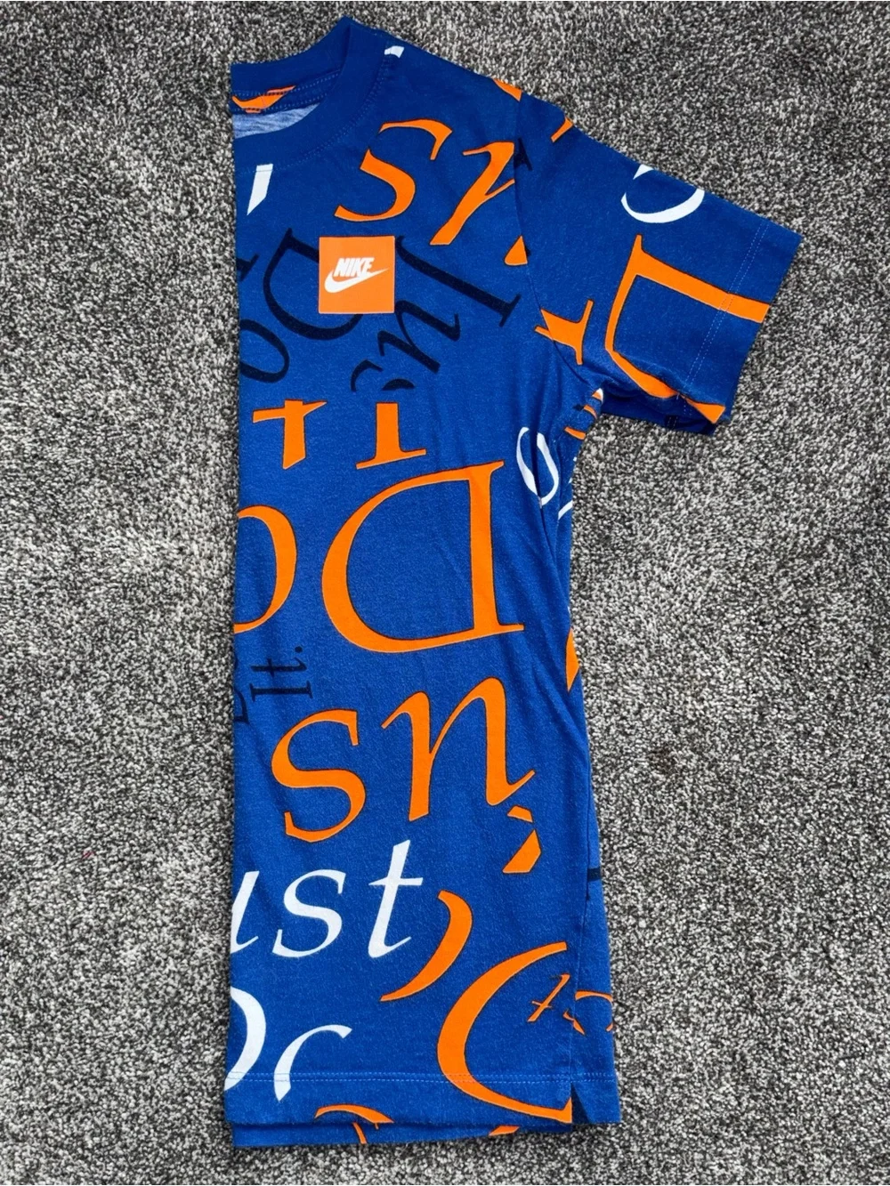 Nike Blue Short-Sleeve Tee w/Orange Graphic Letters | Boys MED